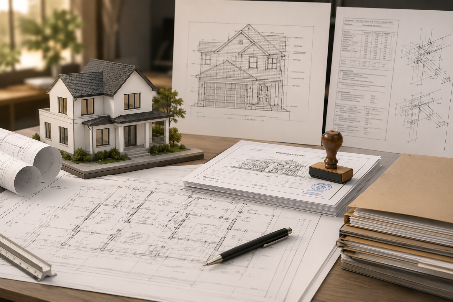 In-house architectural drawings, structural calculations, and permit packages